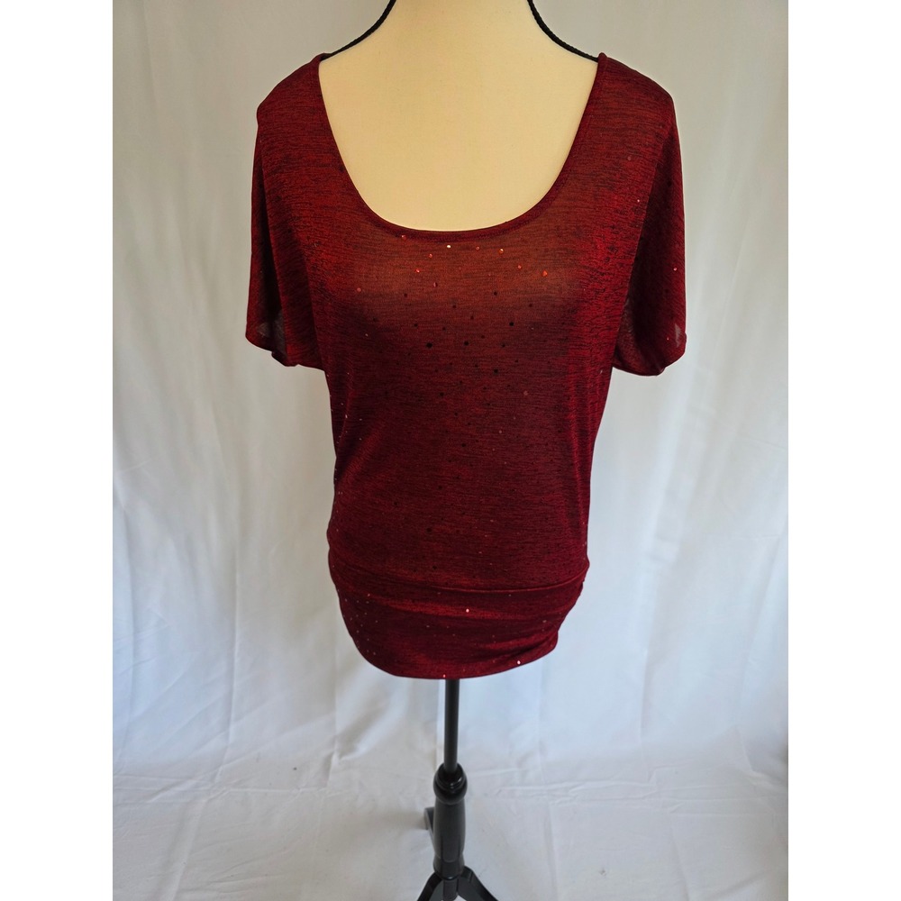 HeartSoul Women Red Sparkle Knit Top Short Sleeve Scoop Neck Blouse‎ S